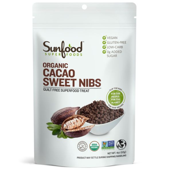SUNFOOD SUPERFOODS: Cacao Nibs Sweetened, 4 OZ
