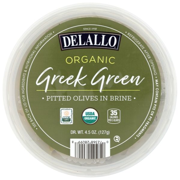 DELALLO: Greek Green Organic Pitted Olives, 4.5 oz