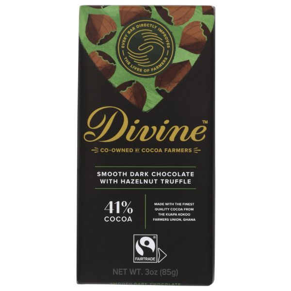 DIVINE CHOCOLATE: Dark Chocolate with Hazelnut Truffle, 3 oz