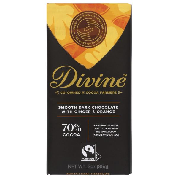 DIVINE CHOCOLATE: Dark Chocolate Bar with Ginger and Orange, 3 oz