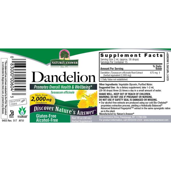NATURES ANSWER: Dandelion Root Alcohol Free, 1 oz