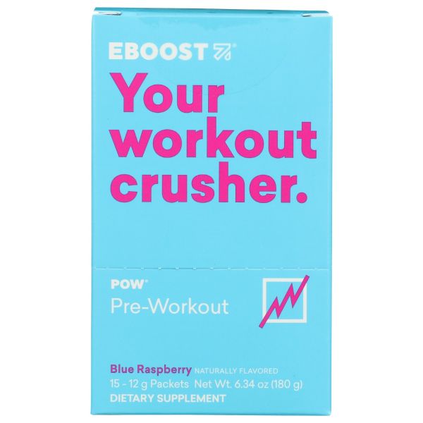EBOOST: POW Pre Workout Powder Blue Raspberry 15Packets, 6.34 oz