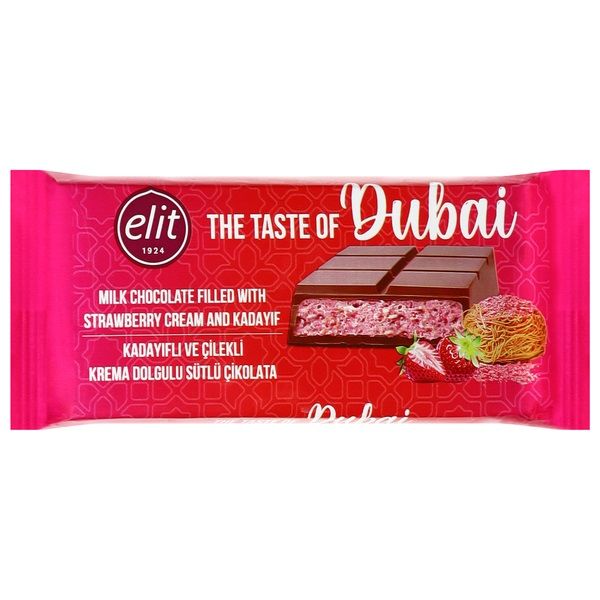 ELIT DUBAI: Milk Chocolate with Strawberry Cream and Kadayif, 3.17 oz