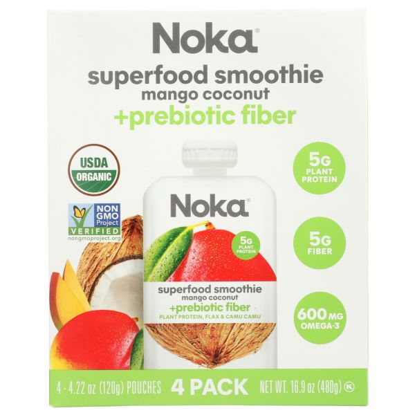 NOKA: Mango Coconut Superfood Smoothie Prebiotic Fiber 4Pk, 16.9 oz