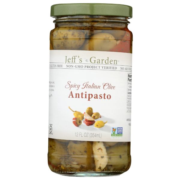 JEFFS GARDEN: Spicy Italian Olive Antipasto, 12 oz