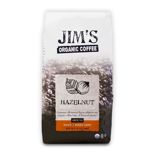 JIMS ORGANIC COFFEE: Hazelnut Ground Coffee, 12 oz