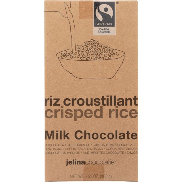 JELINA CHOCOLATIER: Crisped Rice Milk Chocolate Bar, 3.52 oz