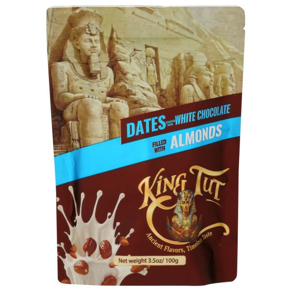 KING TUT: Dates White Chocolate Almonds, 3.5 oz
