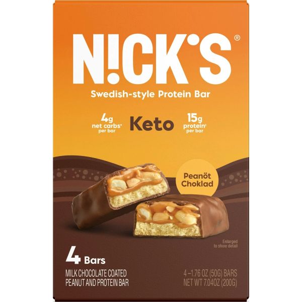 N!CKS: Choklad Peanot Keto Swedish Style 4 Pack Snack Bar, 7.05 oz
