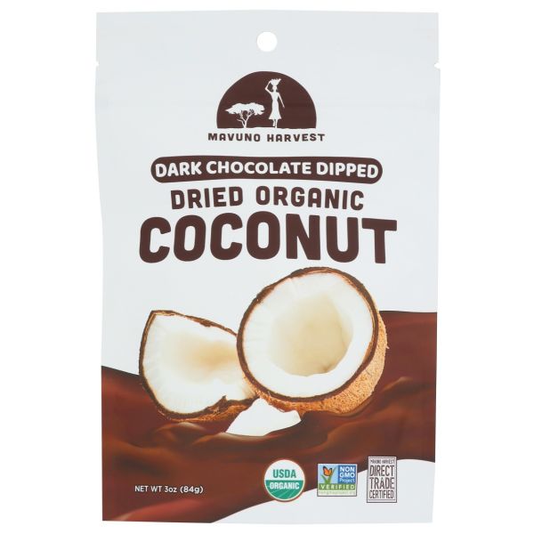 MAVUNO HARVEST: Organic Dried Coconut Dipped in Dark Chocolate, 3 oz
