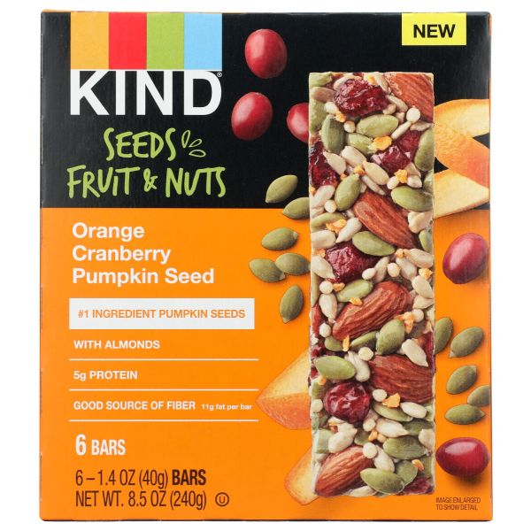 KIND: Seeds Fruit And Nuts Snack Bar Orange Cranberry Pumpkin Seed 6 Bars, 8.5 oz
