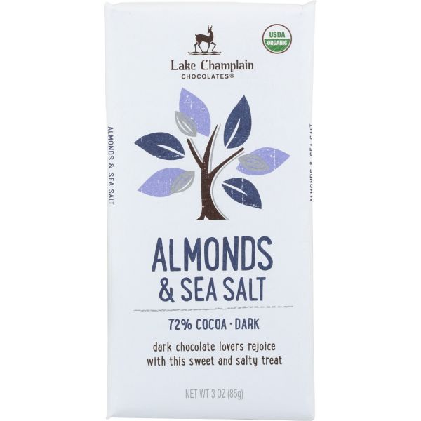 LAKE CHAMPLAIN CHOC: 72% Dark Chocolate Bar with Almonds and Sea Salt, 3 oz