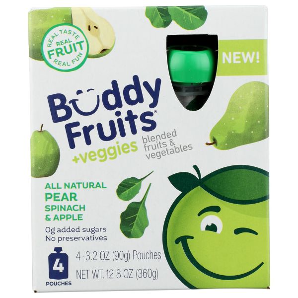 BUDDY FRUITS: Pear Spinach And Apple 4 Pouches Blended Fruits And Vegetables, 12.8 oz