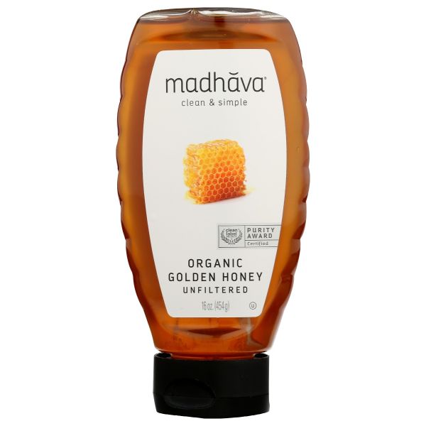MADHAVA: Unfiltered Organic Golden Honey, 16 oz