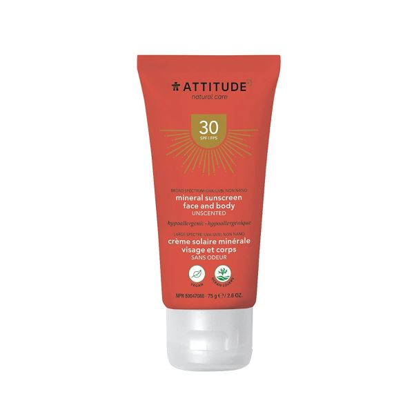 ATTITUDE: Unscented Face & Body Mineral Sunscreen SPF30, 2.6 oz