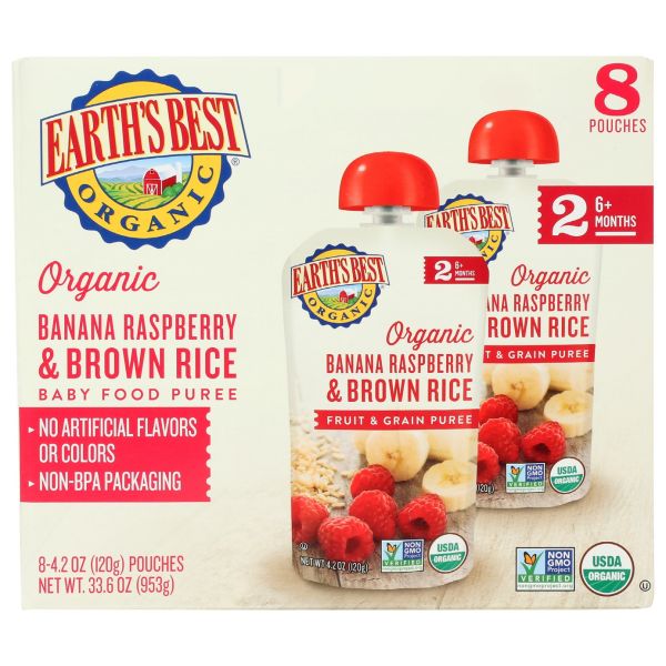 EARTHS BEST: Organic Banana Raspberry And Brown Rice Puree S2 8Pk, 33.6 oz
