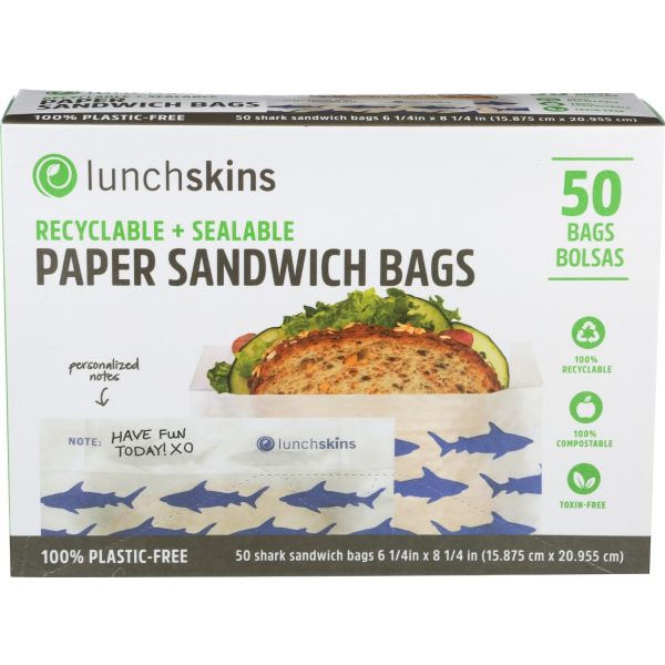 LUNCHSKINS: Paper Sandwich Bag Shark, 50 ct
