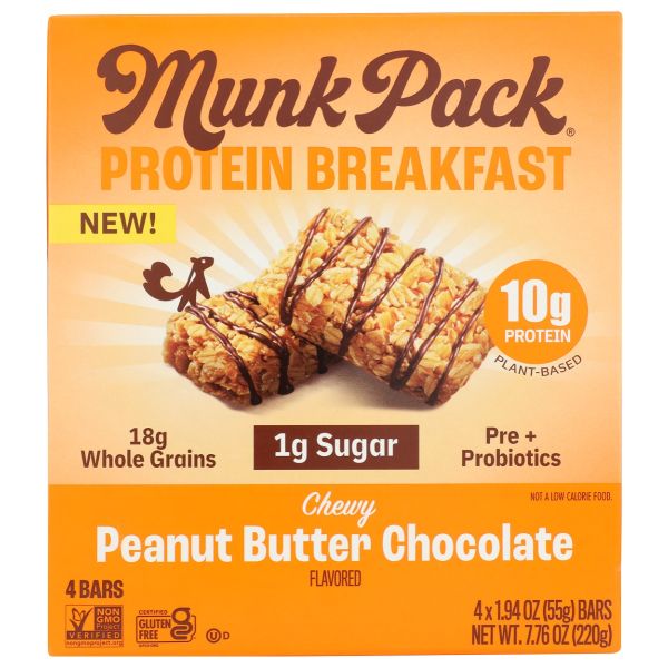 MUNK PACK: Peanut Butter Chocolate Probiotic Protein Breakfast Bar 4Pk, 7.76 oz