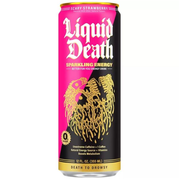 LIQUID DEATH: Scary Strawberry Sparkling Energy Beverage, 12 fo