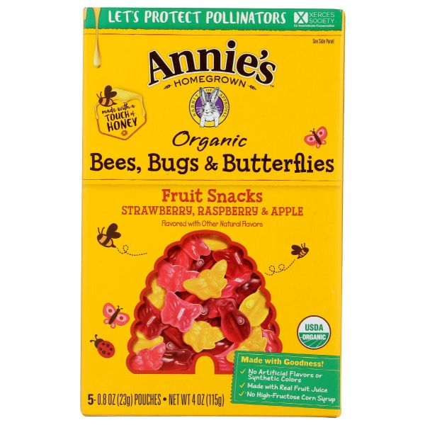 ANNIES HOMEGROWN: Fruit Snk Bees Bugs Btrfl, 4 oz