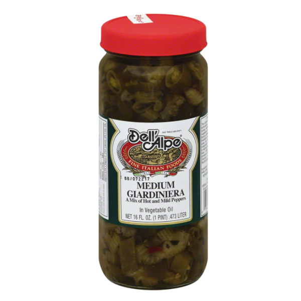 DELL ALPE: Medium Giardiniera A Mix of Hot and Mild Peppers, 16 oz