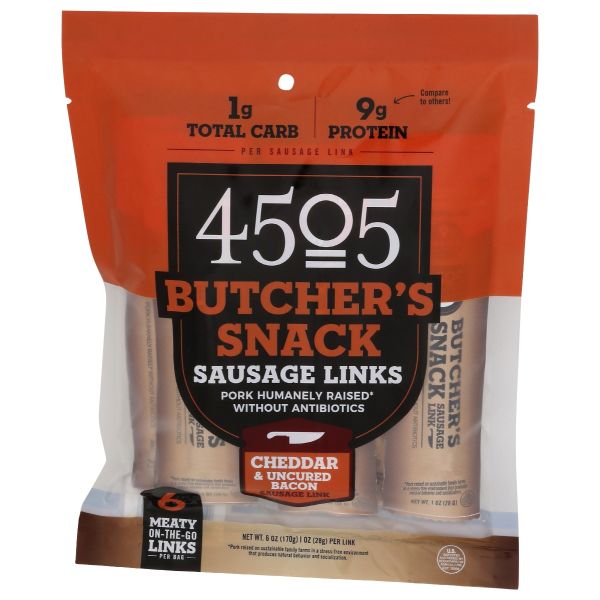 4505 MEATS: Cheddar Uncured Bacon Sausage Link, 6 oz