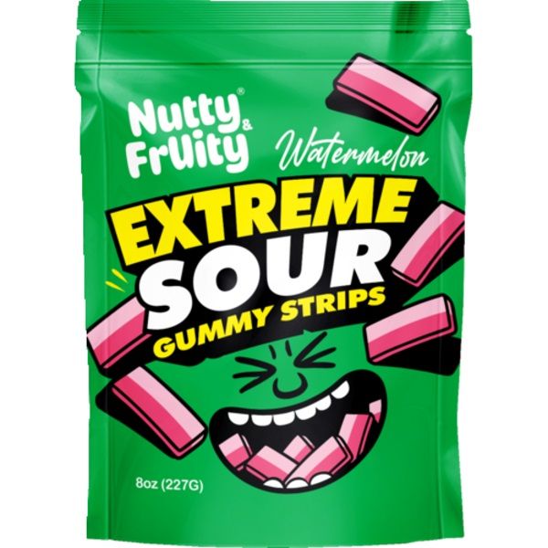 NUTTY AND FRUITY: Watermelon Extreme Sour Gummy Strips, 8 oz