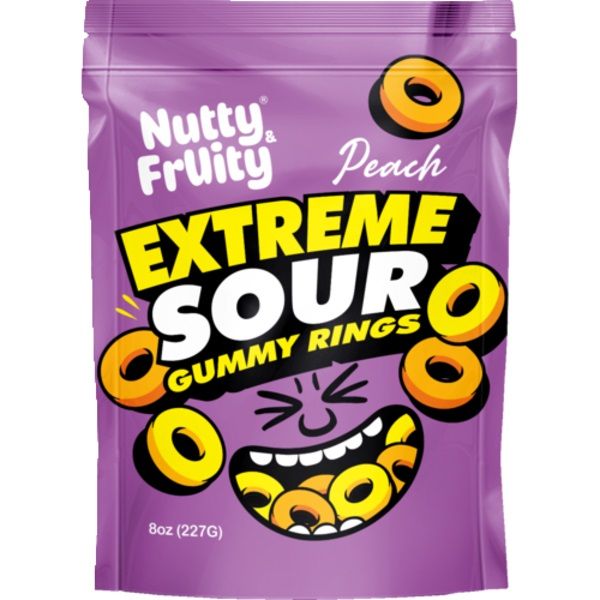 NUTTY AND FRUITY: Peach Extreme Sour Gummy Rings, 8 oz