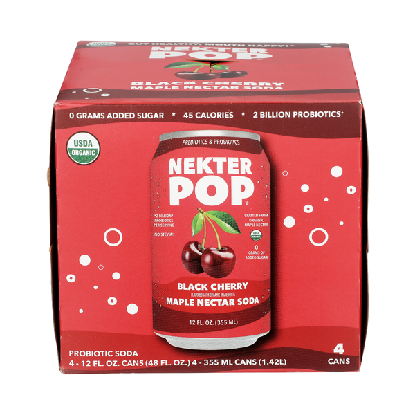 NEKTER POP: Black Cherry Maple Nectar Probiotic Soda 4 Count, 48 fo