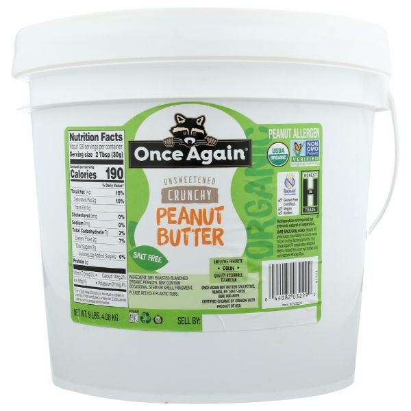 ONCE AGAIN: Unsweetened Crunchy Peanut Butter No Salt, 9 lb