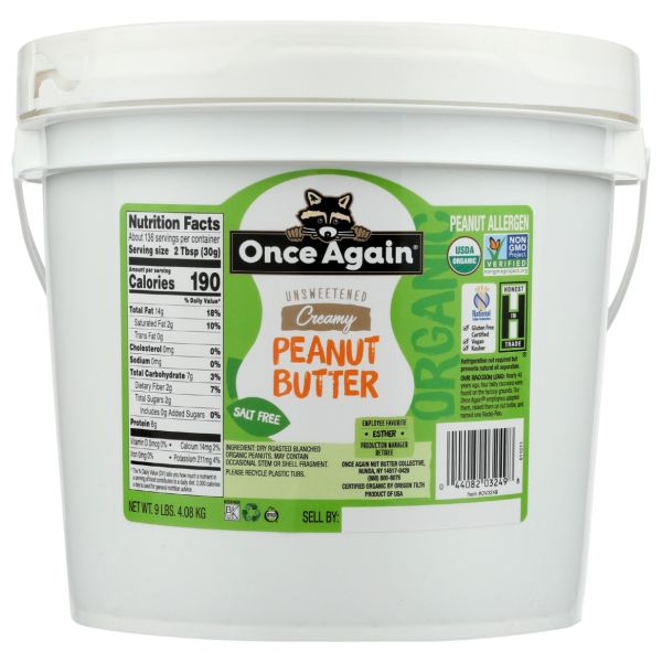 ONCE AGAIN: Unsweetened Creamy Peanut Butter No Salt, 9 lb