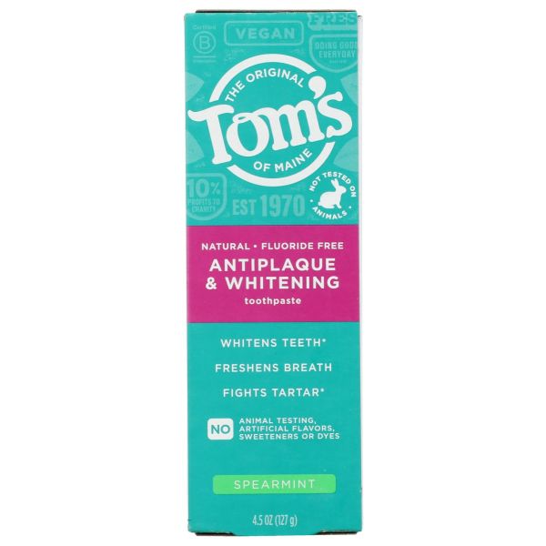 TOMS OF MAINE: Fluoride Free Antiplaque and Whitening Toothpaste Spearmint, 4.5 oz