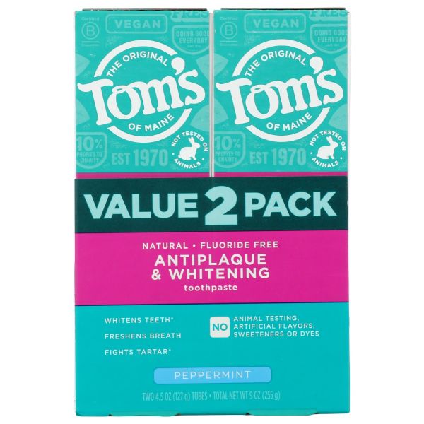 TOMS OF MAINE: Fluoride Free Antiplaque and Whitening Toothpaste Peppermint 2Pk, 9 oz