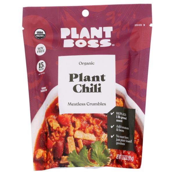 PLANT BOSS: Organic Plant Chili Meatless Crumbles, 3.35 oz