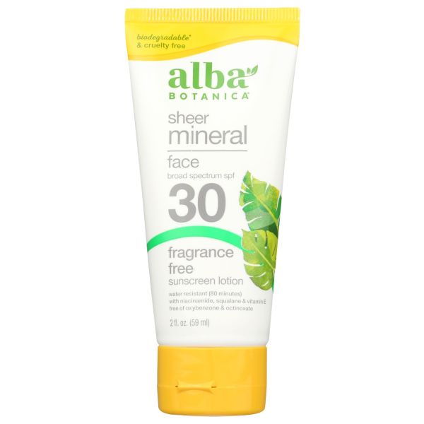 ALBA BOTANICA: Sheer Mineral Sunscreen Fragrance Free Sunscreen Lotion SPF 30, 2 fo