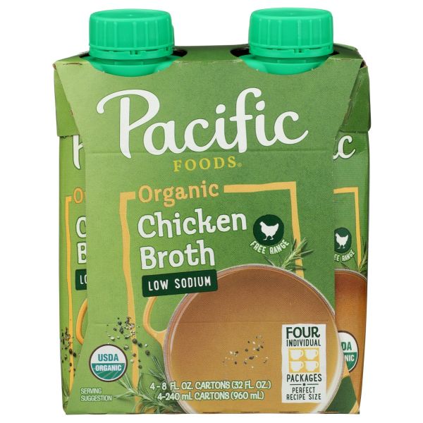 PACIFIC FOODS: Organic Chicken Broth Low Sodium 4 Count, 32 oz