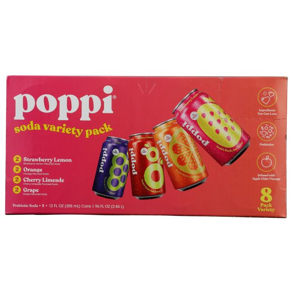 POPPI: Prebiotic Soda Variety Pack 8 Count, 96 fo