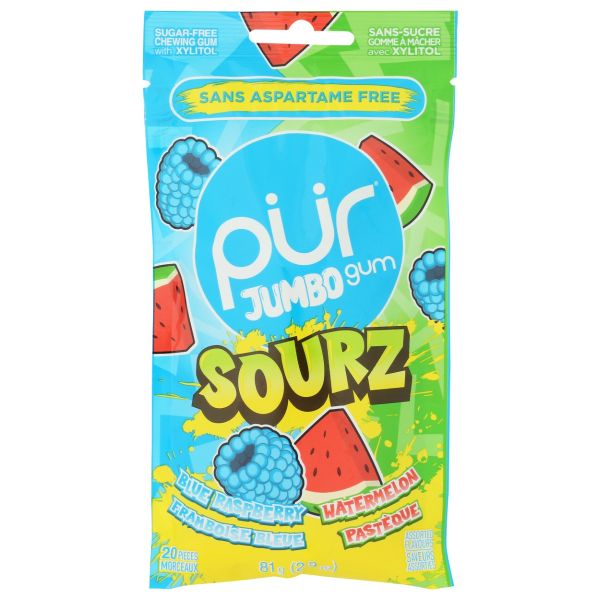 PUR: SOURZ Blue Raspberry and Watermelon Jumbo Gum 20pc, 2.9 oz