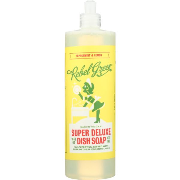 REBEL GREEN: Super Deluxe Dish Soap Peppermint and Lemon, 16 oz