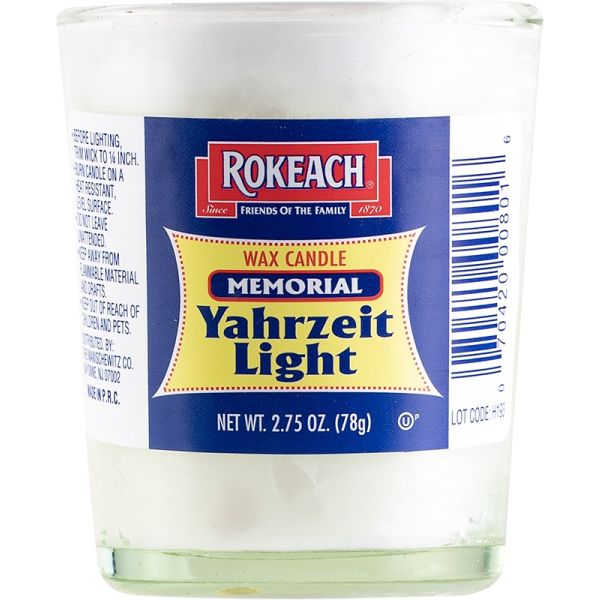 ROKEACH: Memorial Paraffin Wax Candle Glass, 1 ea