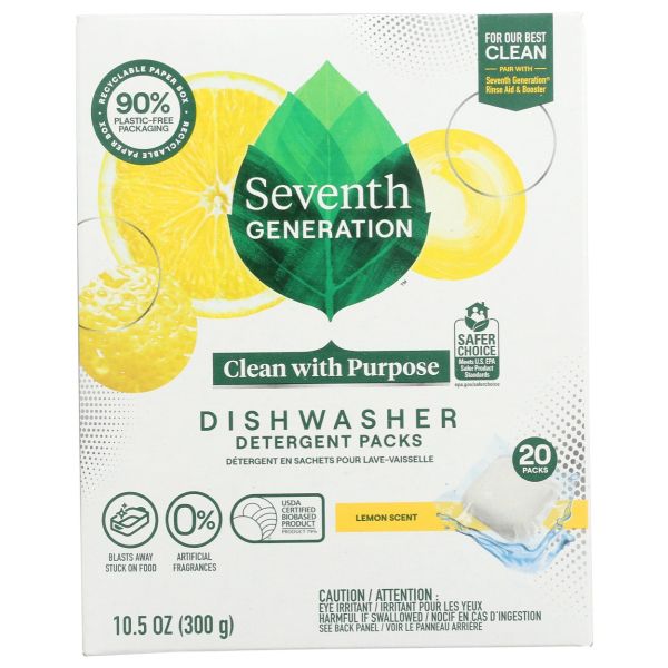 SEVENTH GENERATION: Dishwasher Detergent Packs Lemon, 20 pc