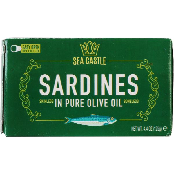 SEA CASTLE: Skinless and Boneless Sardines in Pure Olive Oil, 4.4 oz