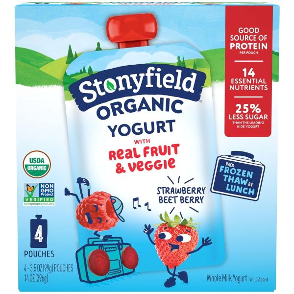 STONYFIELD: Whole Milk Yogurt 4-Pouch Strawberry Beet Berry, 14 oz