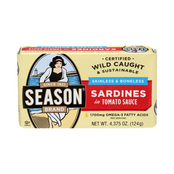 SEASONS: Skinless and Boneless Sardines in Tomato Sauce, 4.375 oz