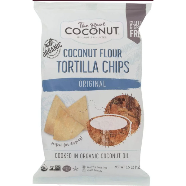THE REAL COCONUT: Coconut Tortilla Flour Chips, 5.5 oz