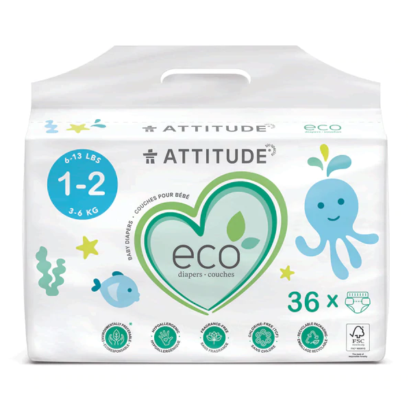 ATTITUDE: Biodegradable Baby Diapers Size 1 and 2, 36 un