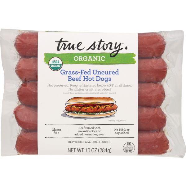 TRUE STORY: Organic Grass Fed Uncured Beef Hot Dogs, 10 oz