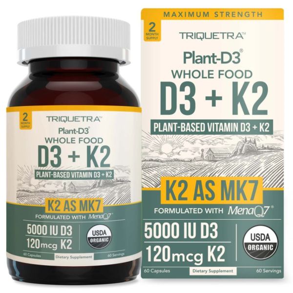 TRIQUETRA HEALTH: Vitamin D3 Plus K2 5000 IU Plant Based Supplement, 60 cp