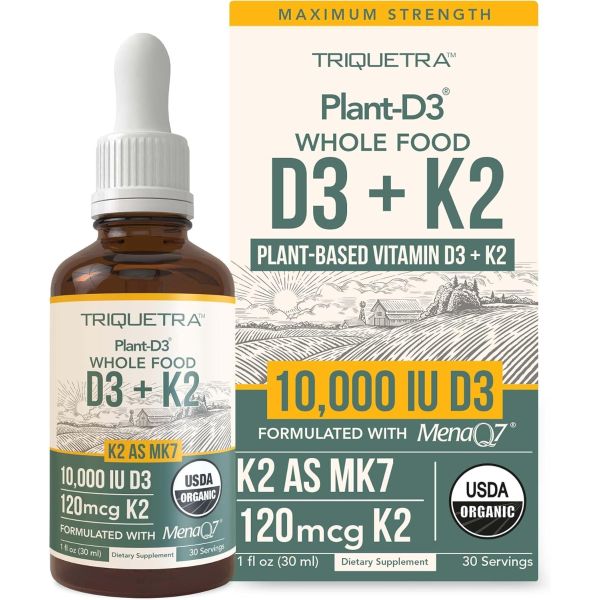 TRIQUETRA HEALTH: Vitamin D3 Plus K2 10000 IU Plant Based Supplement, 1 oz