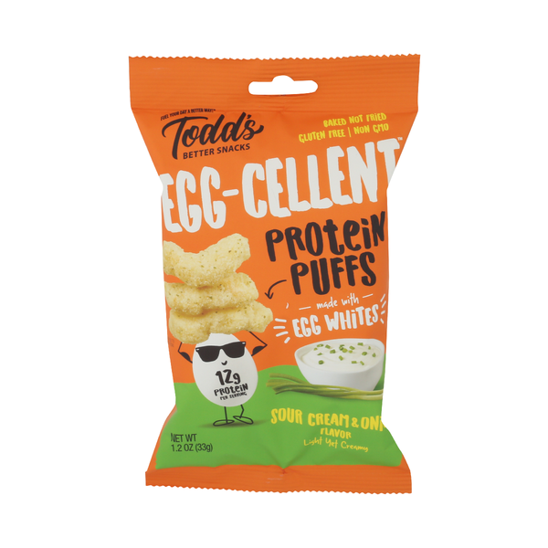 TODDS BETTER SNACKS: Sour Cream and Onion Eggcellent Protein Puffs, 33 gm
